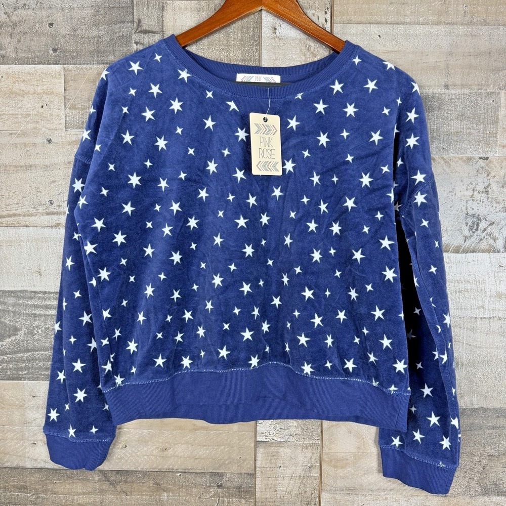 Pink Rose Crop Sweatshirt Size M Indie Blue‎ Star Print Velour Long Sleeve New